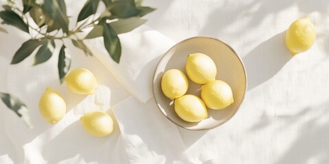 Ceramic platter with fresh ripe lemons on a table covered with a light linen tablecloth with shade from olive branches. Top view. An unleavened light still life of a sunny day in southern Italy.