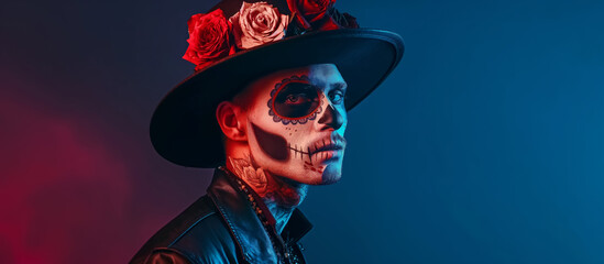 A man in a Day of the Dead mask and hat adorned with roses, featuring an elaborate skull design face paint. He wears traditional Mexican attire, the festive spirit of this cultural celebration.