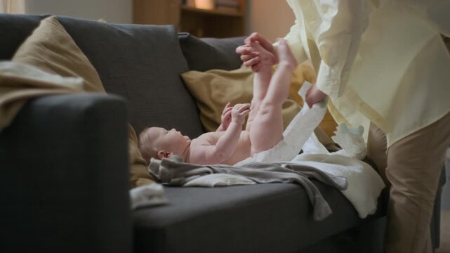 Medium tilt of smiling young Caucasian woman wearing casual clothes changing diaper to wigggly baby lying on couch in living-room before going outside