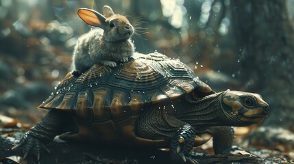 Obraz premium fast turtle carrying a rabbit on its back, AI generated
