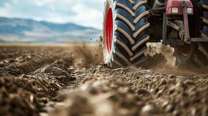 Obraz premium Banner with Tractor tire plowing through dirt field with flying soil particles