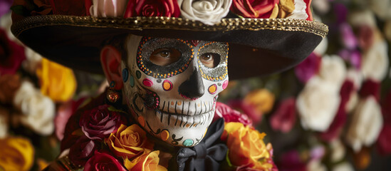 A man in a Day of the Dead mask and hat adorned with roses, featuring an elaborate skull design face paint. He wears traditional Mexican attire, the festive spirit of this cultural celebration.