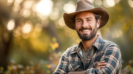 Obraz premium Smiling man in a cowboy hat and plaid shirt with arms crossed outdoors. Farmer.