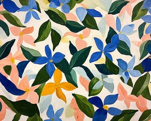 Acrylic Floral Abstract Blue, Pink, Yellow Blooms on White Canvas - Abstract floral painting, acrylic on canvas, featuring blue, pink, and yellow flowers with green leaves on a white background. - Abs