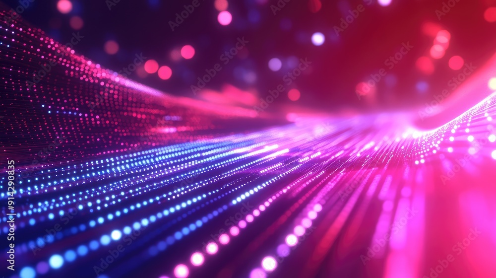 Poster Dynamic 3D technology background with floating data points and light beams, high-tech design