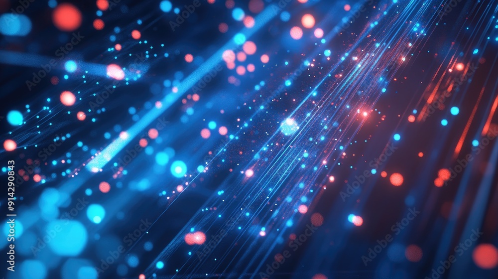 Poster dynamic 3d technology background with floating data points and light beams, high-tech design