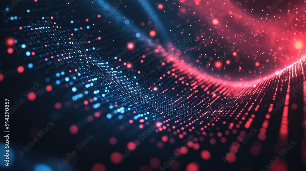 Poster Dynamic 3D technology background with floating data points and light beams, high-tech design
