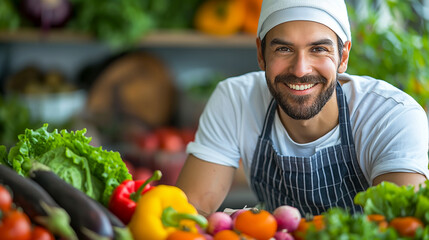 Fototapeta premium Banner with Smiling Chef with Fresh Vegetables at a Market Stall. Copy space
