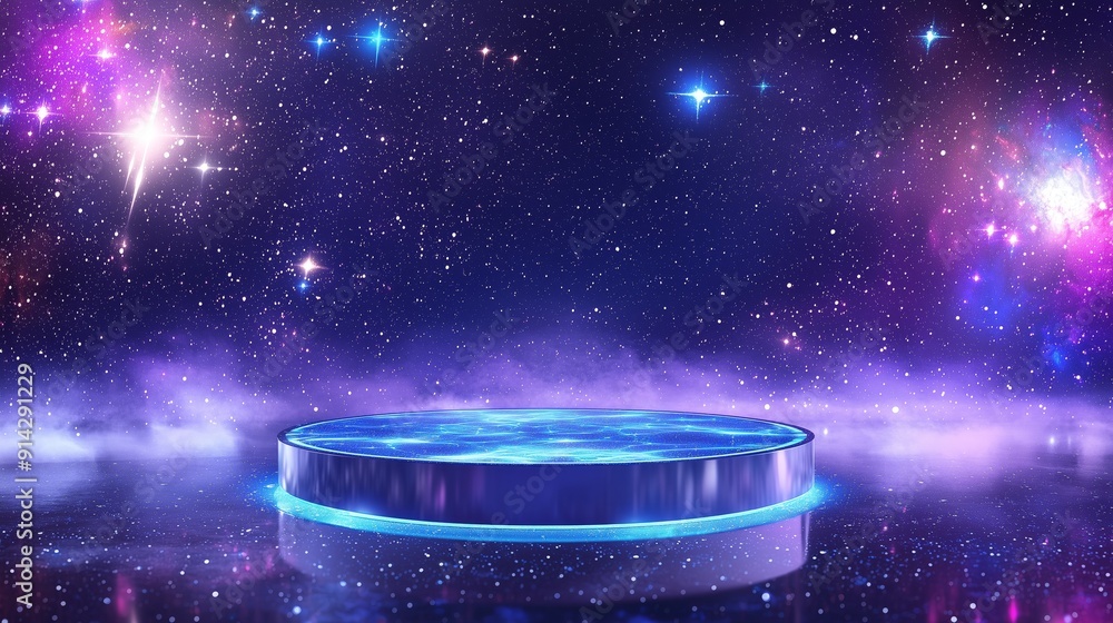 Poster a photo of an empty 3d podium with a futuristic design, floating in space with stars in the backgrou