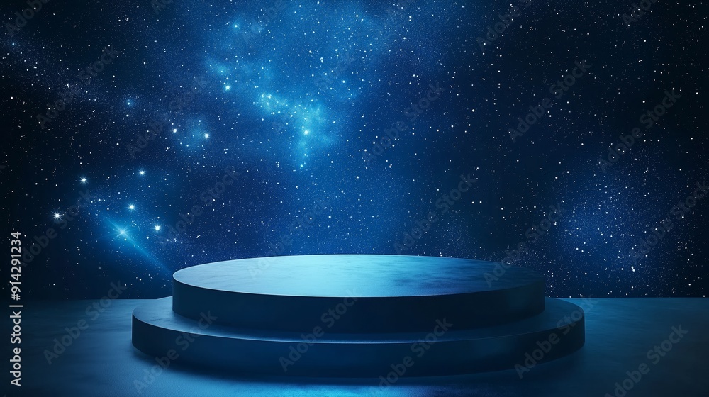 Poster a photo of an empty 3d podium with a futuristic design, floating in space with stars in the backgrou