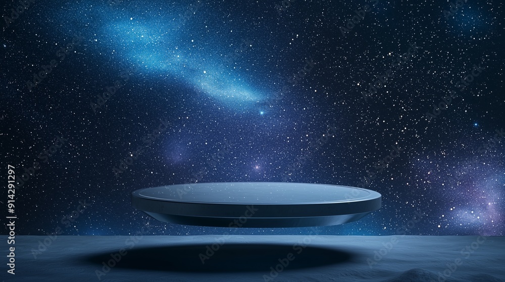 Poster a photo of an empty 3d podium with a futuristic design, floating in space with stars in the backgrou