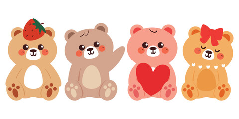 hand drawing cartoon bear sticker set. cute animal drawing, doodle set