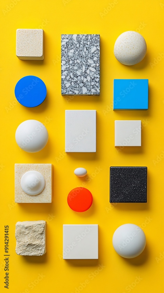 Poster detailed flat lay of abstract geometric shapes in pastel tones offering a minimalistic design perfec