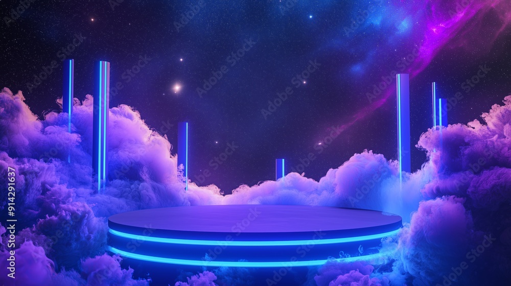 Poster a photo of an empty 3d podium with an advanced technological design, surrounded by bright stars and 