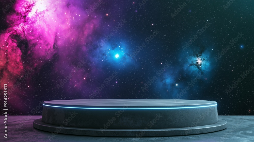 Poster a photo of an empty 3d podium with an advanced technological design, surrounded by bright stars and 
