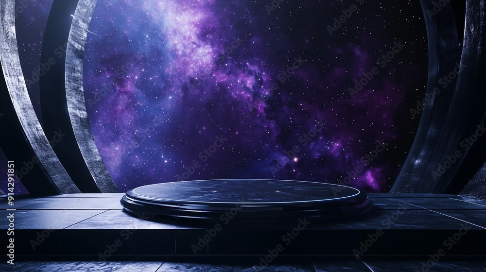 Poster a photo of an empty 3d podium with a futuristic design, floating in space with stars in the backgrou