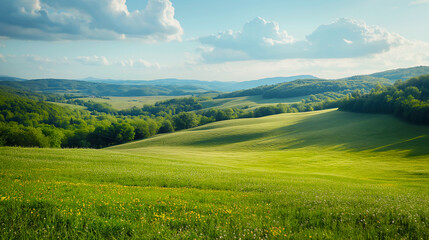 Obraz premium Lush Green Rolling Hills under a Bright Blue Sky