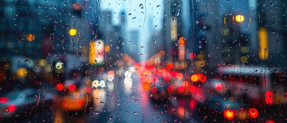 Fototapeta premium Blurred bus window, city skyline, rain drops.