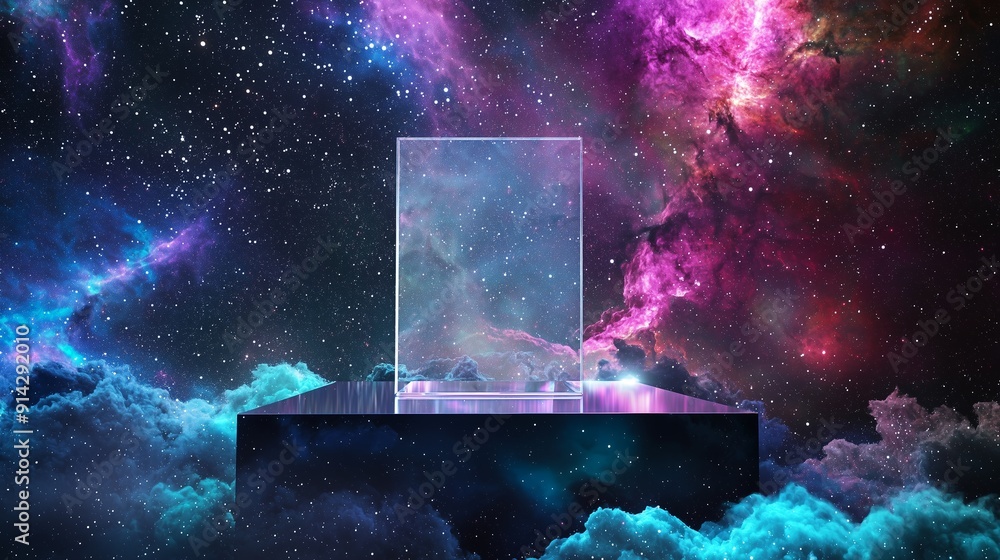Poster a photo of an empty 3d podium with a transparent surface, hovering in front of a colorful nebula