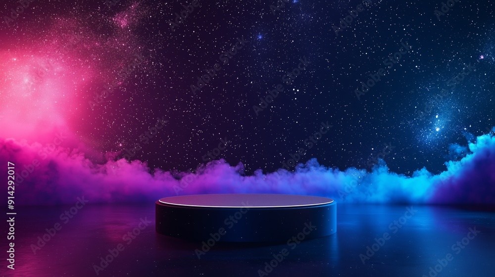 Poster a photo of an empty 3d podium with a space-age look, floating in a starry expanse