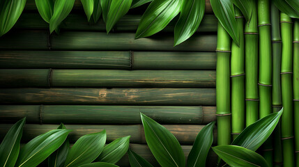 Bamboo background with green leaves. Copy space