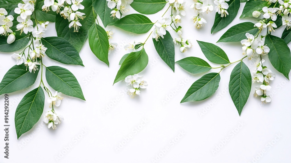 Poster high-detail flat lay of leaves and flowers in pastel tones arranged with clean lines to create a min