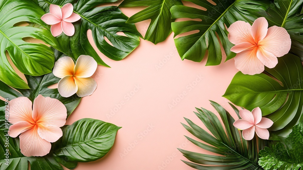 Poster high-detail flat lay of leaves and flowers in pastel tones arranged with clean lines to create a min