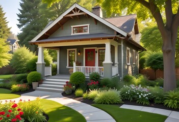 Exterior of a house with front door, white siding, and a covered porch. The house is surrounded by lush green landscaping including trees, shrubs, 