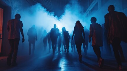 Ghosts and ghouls wandering a haunted house attraction.