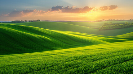 Fototapeta premium Rolling hills of vibrant green fields at sunset