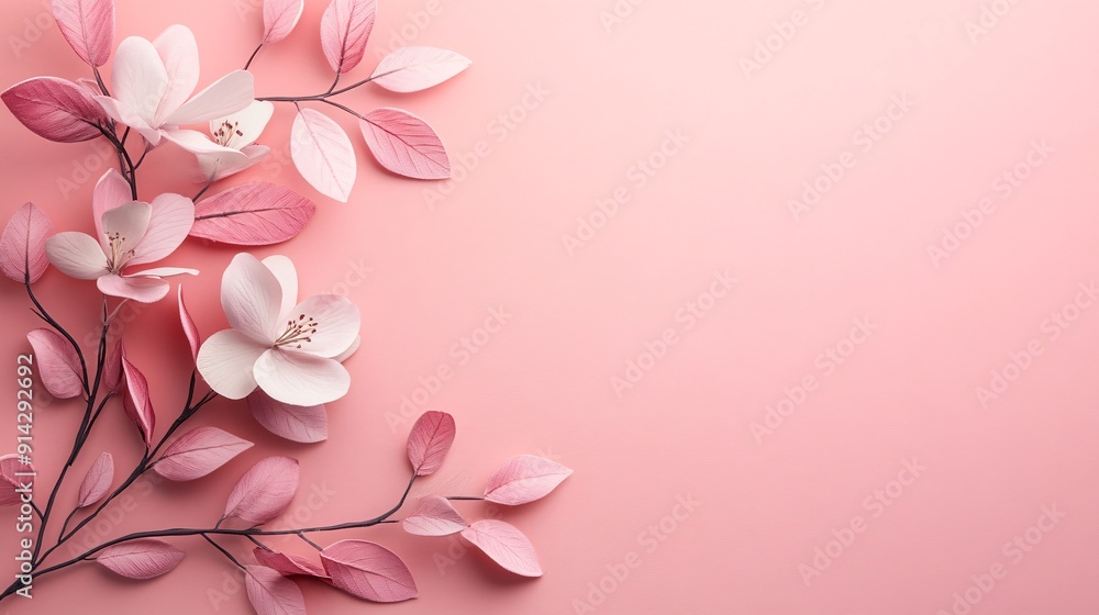 Poster flat lay of intricately detailed leaves and flowers in soft pastel colors presenting a minimal and c
