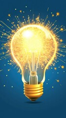 Glowing light bulb with sparkling effects on blue background