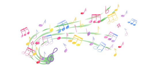 Multicolored music notes, treble clef. Notes flying through the waves of music. Rainbow color of note symbols. International Music Day. Watercolor illustration in classic style. For poster, postcard