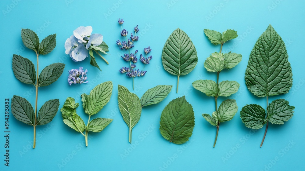 Poster pastel-toned flat lay of leaves and flowers arranged in a minimalistic style with high detail and cl