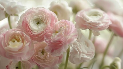 Obraz premium A closeup of pale pink and white ranunculus, their petals delicate and vibrant against the soft background. The arrangement is a symphony in floral beauty, with each flower