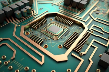 Close-up of a circuit board with a central processor.