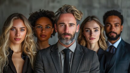 Fototapeta premium A confident business team stands with a modern corporate style, emphasizing their professional unity and readiness to tackle business challenges with exceptional collaboration.