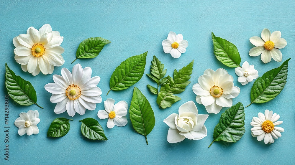 Poster high-detail flat lay of pastel-toned leaves and flowers arranged with precise clean lines for a mini