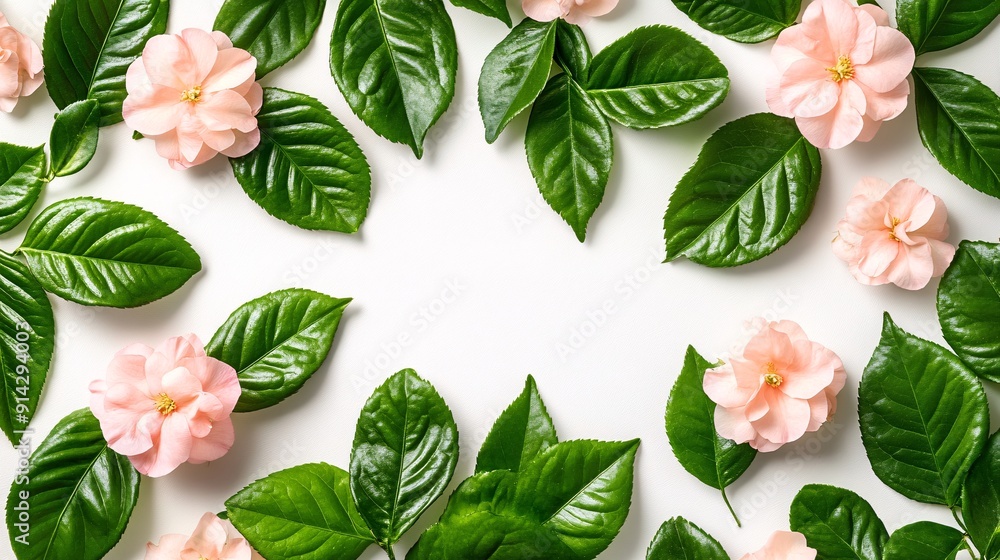 Poster High-detail flat lay of pastel-toned leaves and flowers arranged with precise clean lines for a minimal and stylish composition Stock Photo with copy space