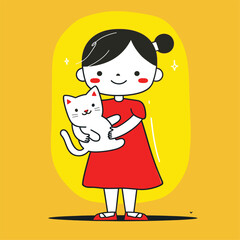 Little girl in a red dress holding a white cat, cheerful and bright illustration.
