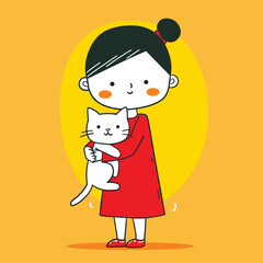 Little girl in a red dress holding a white cat, cheerful and bright illustration.
