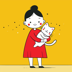 Little girl in a red dress holding a white cat, cheerful and bright illustration.

