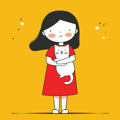 Little girl in a red dress holding a white cat, cheerful and bright illustration.
