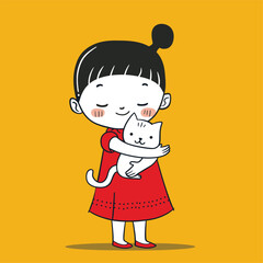 Little girl in a red dress holding a white cat, cheerful and bright illustration.
