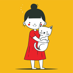 Little girl in a red dress holding a white cat, cheerful and bright illustration.
