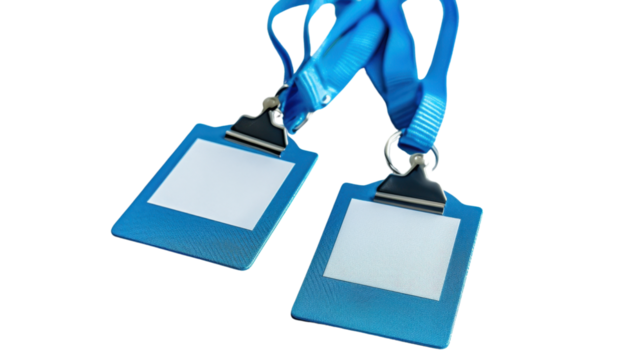 Two blank ID badge holders blue lanyards on transparent background