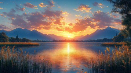 Naklejka premium A serene lake at sunset with mountains in the background, high quality