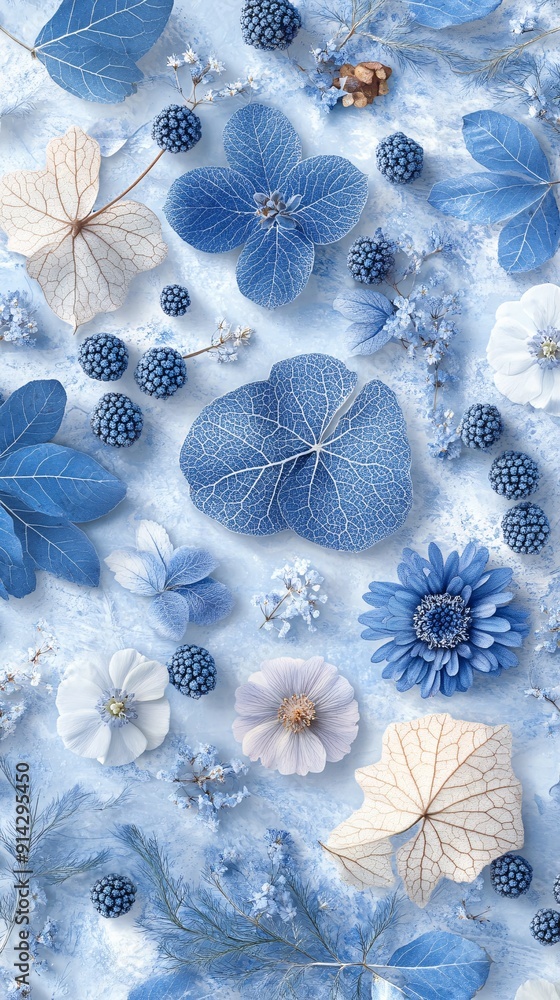 Poster high-detail flat lay of leaves and flowers in pastel tones arranged with clean lines to create a min