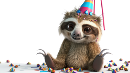Birthday sloth with a party hat on transparent background