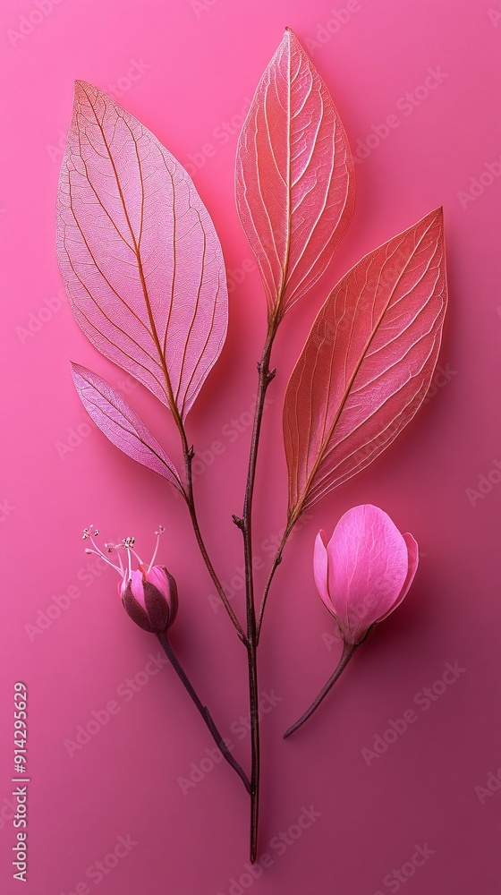 Poster high-detail flat lay of leaves and flowers in pastel tones arranged with clean lines to create a min